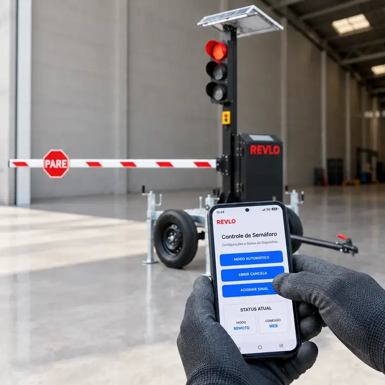 Mão com luva segurando o celular com o aplicativo de controle do semáforo móvel Revlo