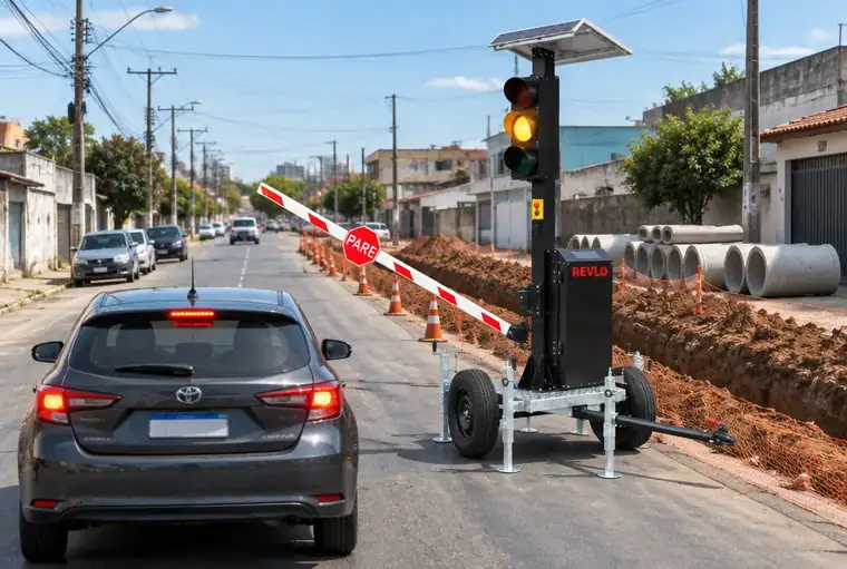 Semáforo móvel com cancela alugado para obra em rua urbana