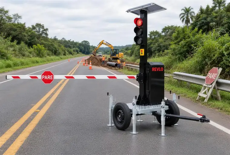 Semáforo móvel fechando faixa de rodovia com escavadeira trabalhando ao fundo