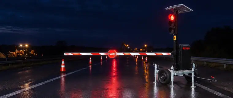 Semáforo móvel com cancela fechada e luz vermelha acesa à noite, em rodovia molhada