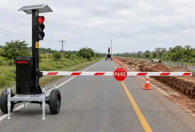 Par de semáforos móveis com cancela Revlo nas duas pontas de um trecho em meia pista