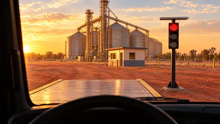 Vista do banco do motorista de caminhão: semáforo solar no vermelho no fim da plataforma da balança