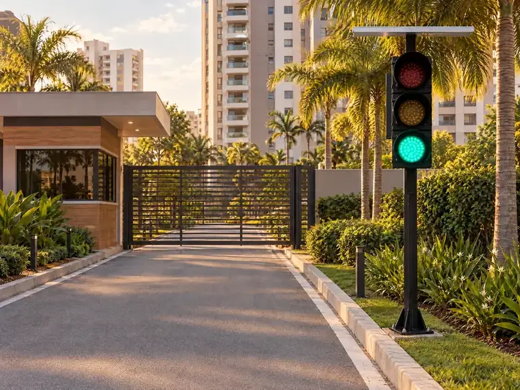 Semáforo solar no verde na entrada de um condomínio residencial