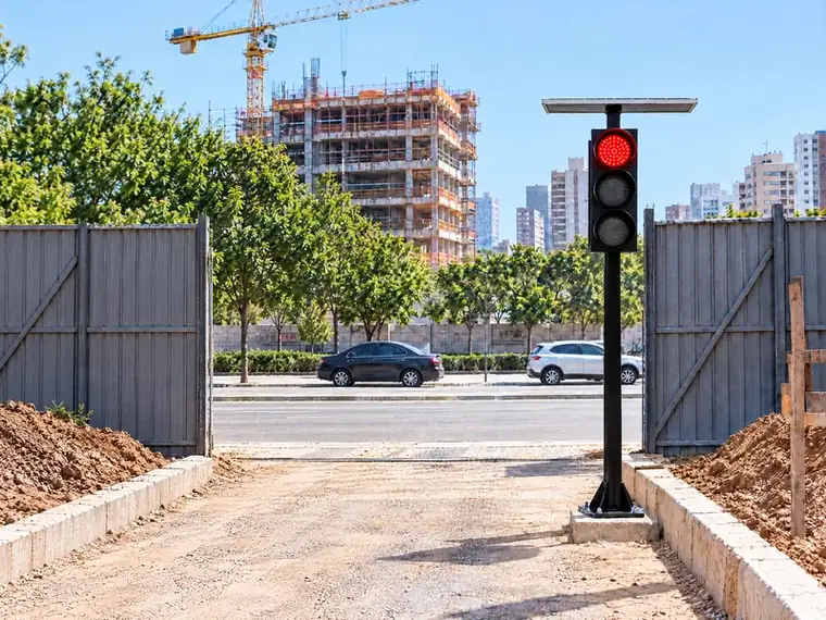 Semáforo solar na saída de caminhões de um canteiro de obras